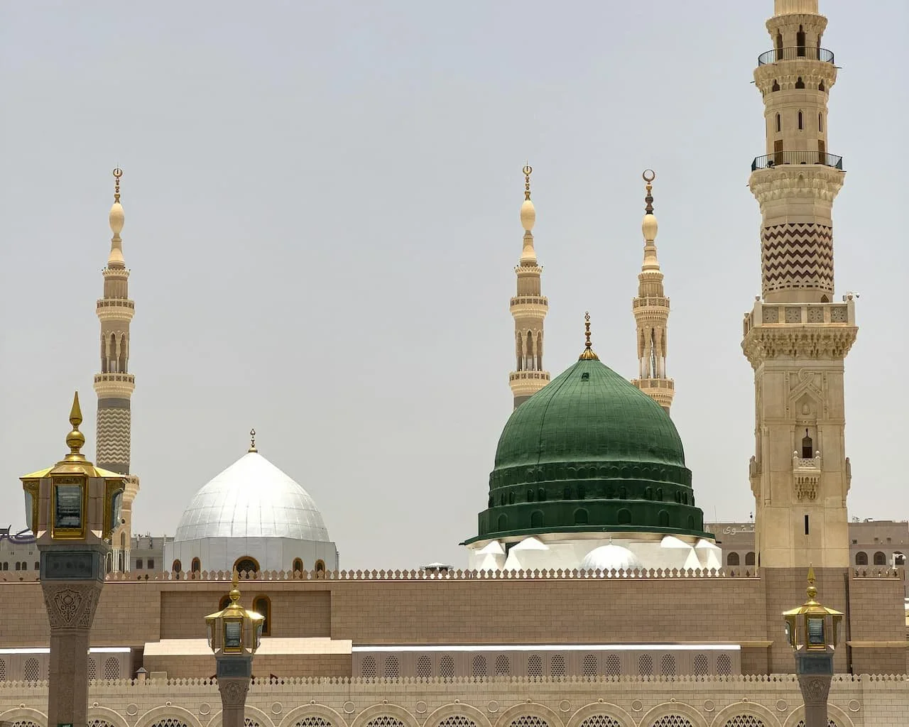 The green dome and minarets of Al Masjid an Nabawi in Madinah