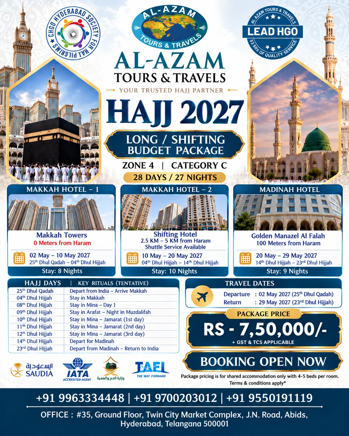 Al Azam Hajj 2027 Long Shifting Budget package image with hotel, travel, stay and price details