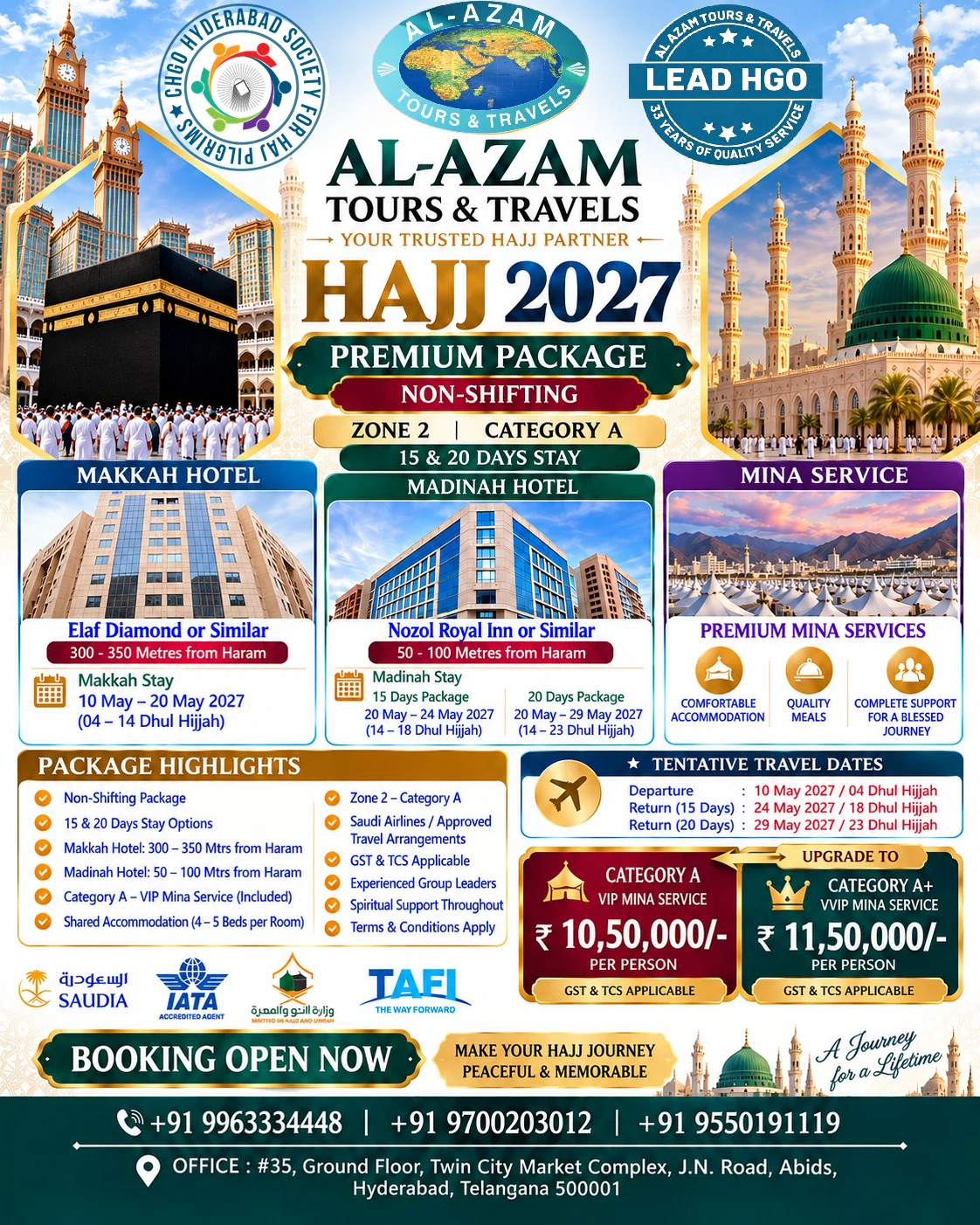 Al Azam Hajj 2027 Premium Non-Shifting package image with hotel, Mina service tiers, travel and price details