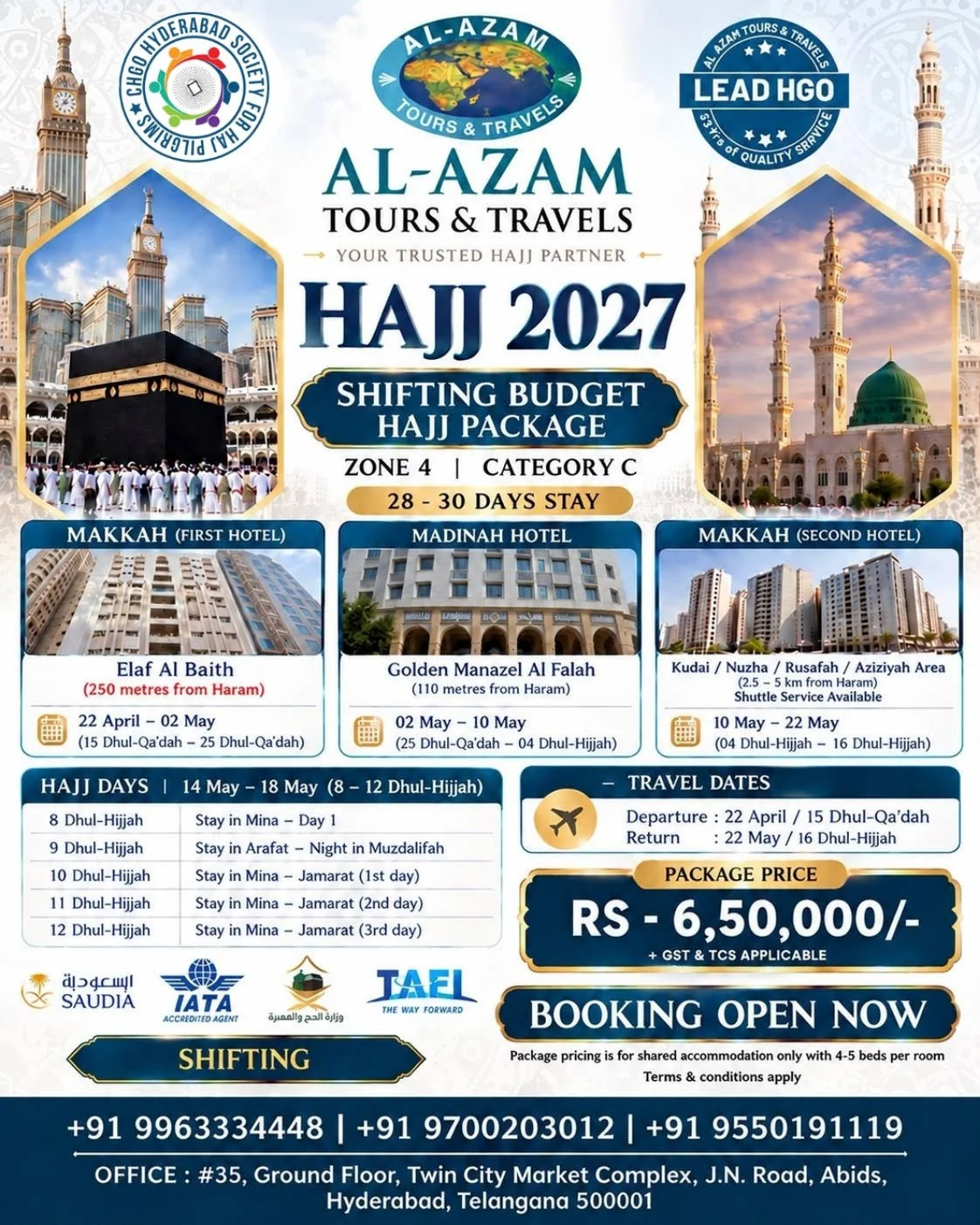 Al Azam Hajj 2027 Shifting Budget package image with hotel, travel, stay and price details