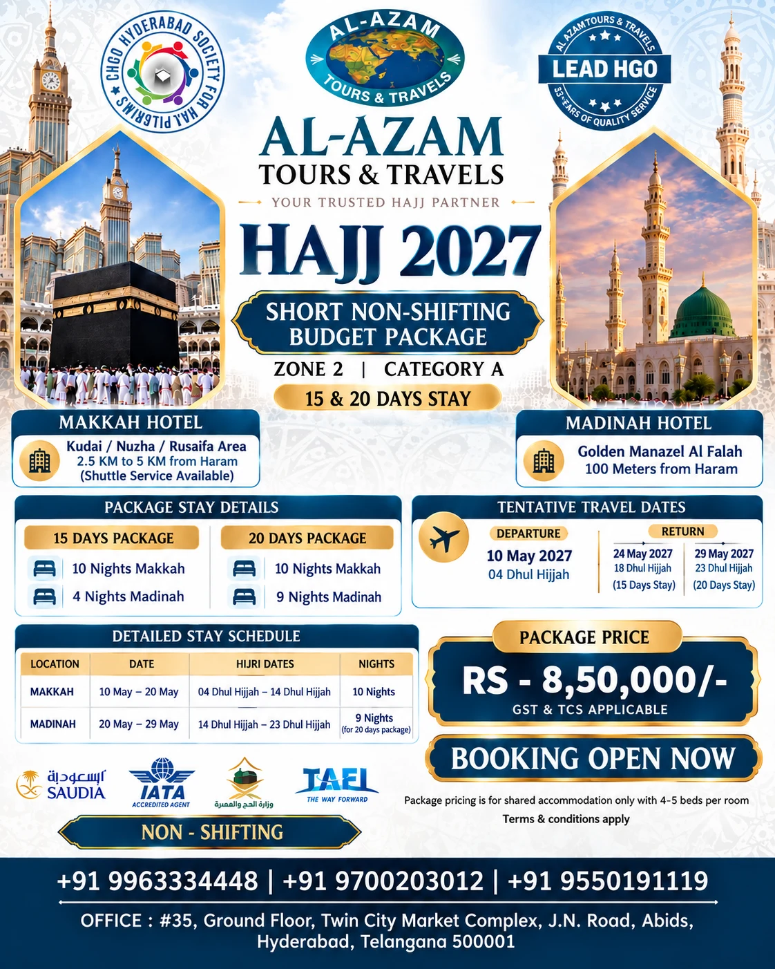 Al Azam Hajj 2027 Short Non-Shifting Budget package image with hotel, travel, stay and price details